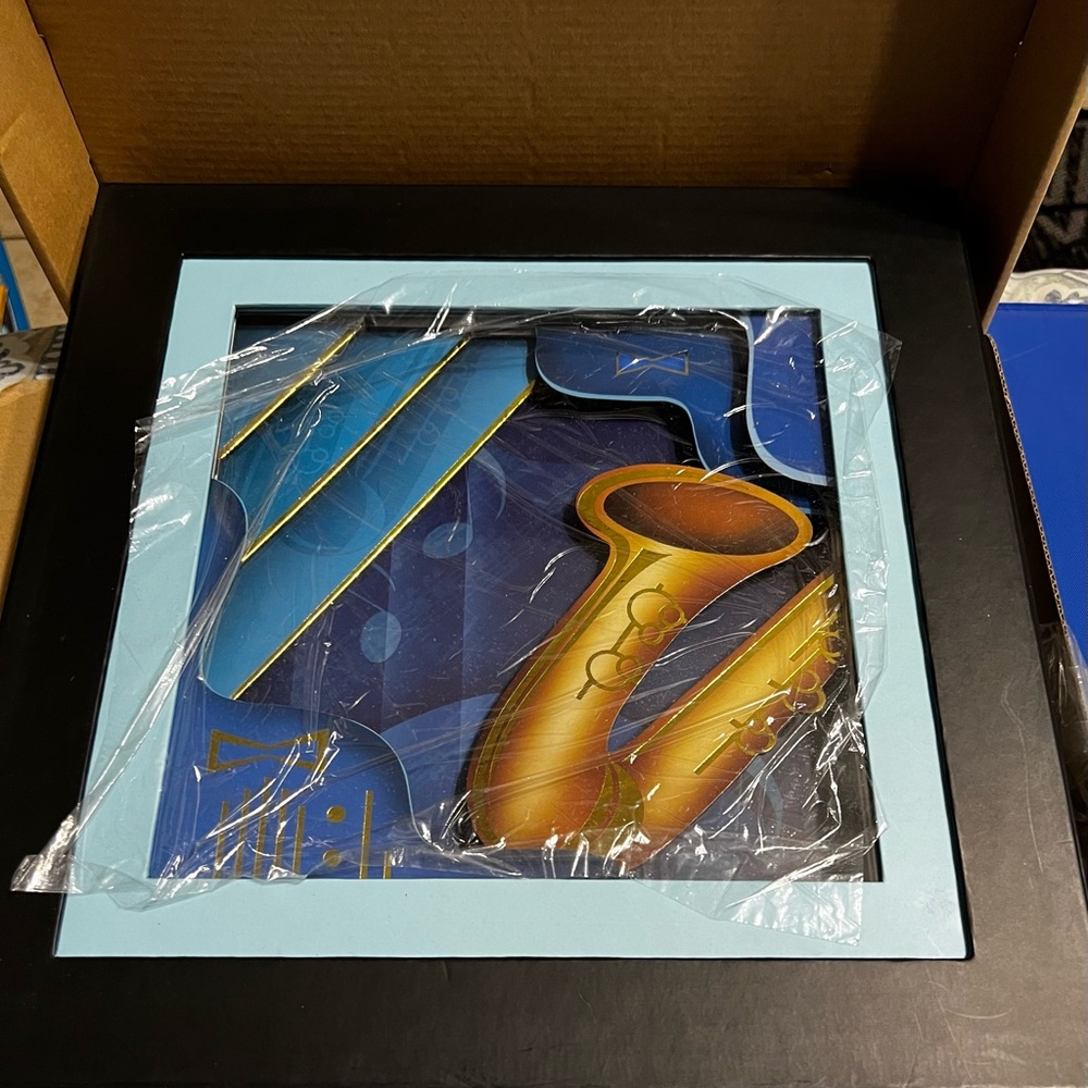 New Old Stock Vintage TWINKLE Shadow Box Blues Saxophone Wall Decor 13in x 13in
